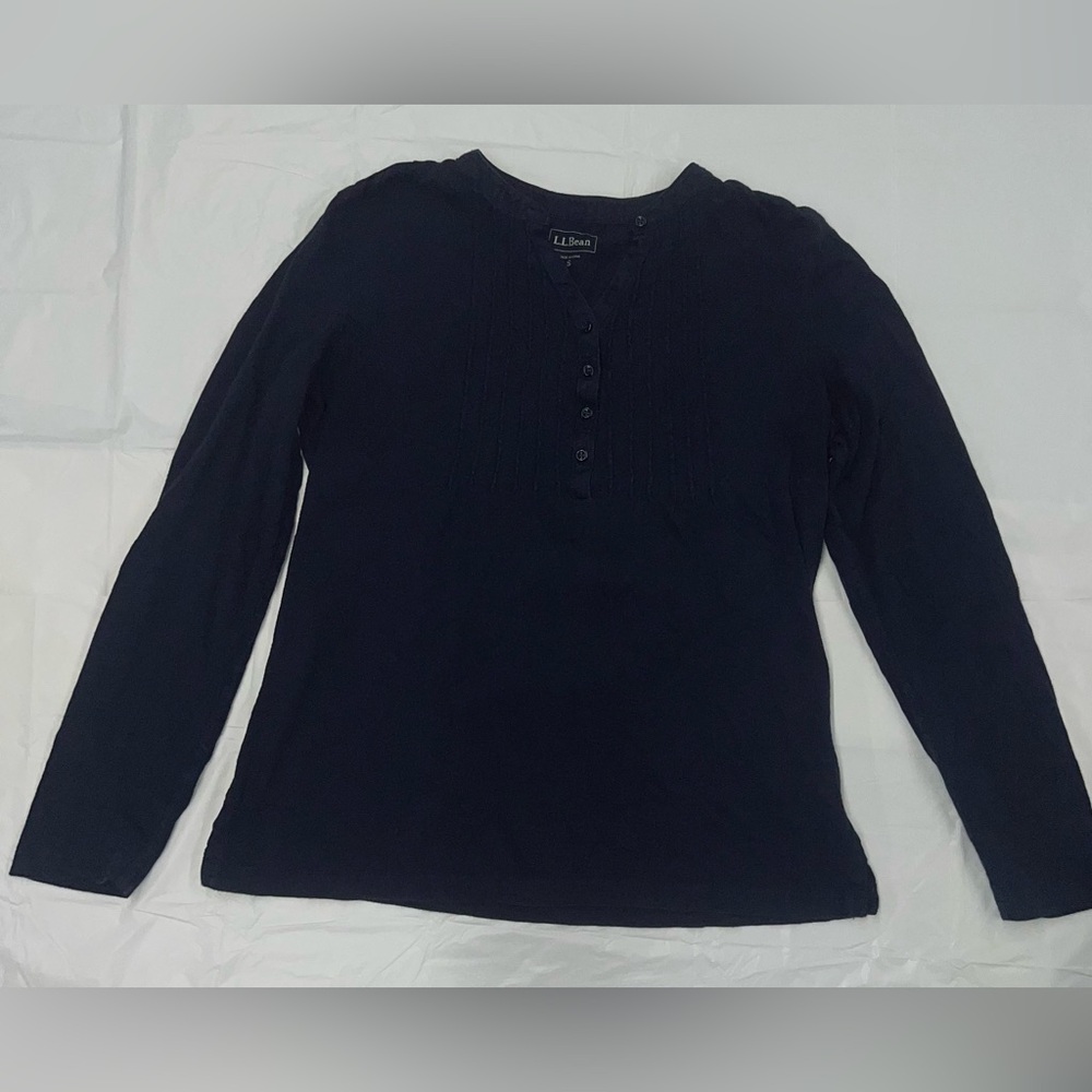 LL Bean Top Womens Small Dark Navy Blue Organic Cotton Roll Tab Sleeves